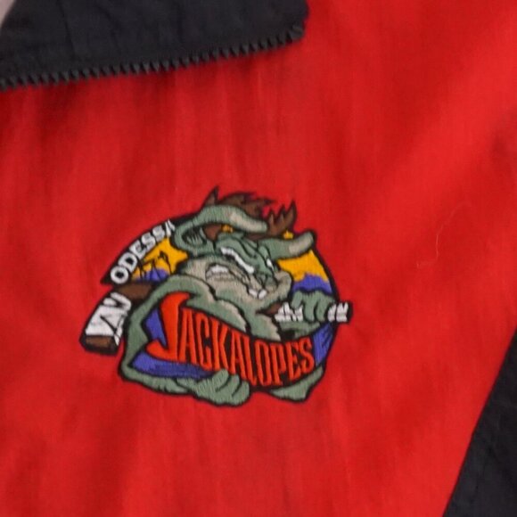 Vintage '80s What's Up Red Black Jackalopes Nylon Cotton Lined Sporty Jacket XL - Picture 7 of 11